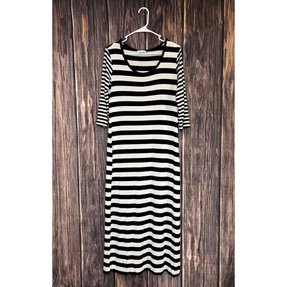 Calvin Klein Womens Striped T-Shirt Dress 10 Black White Cotton Midi Maxi